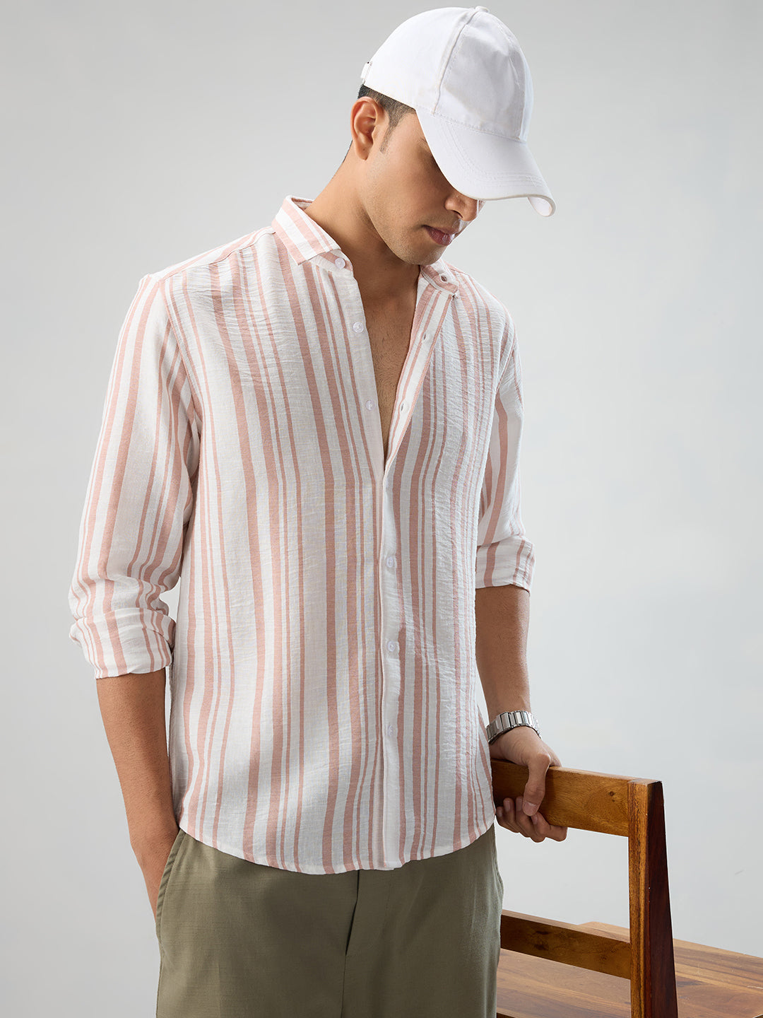 Dark Peach & White Vertical Striped Shirt