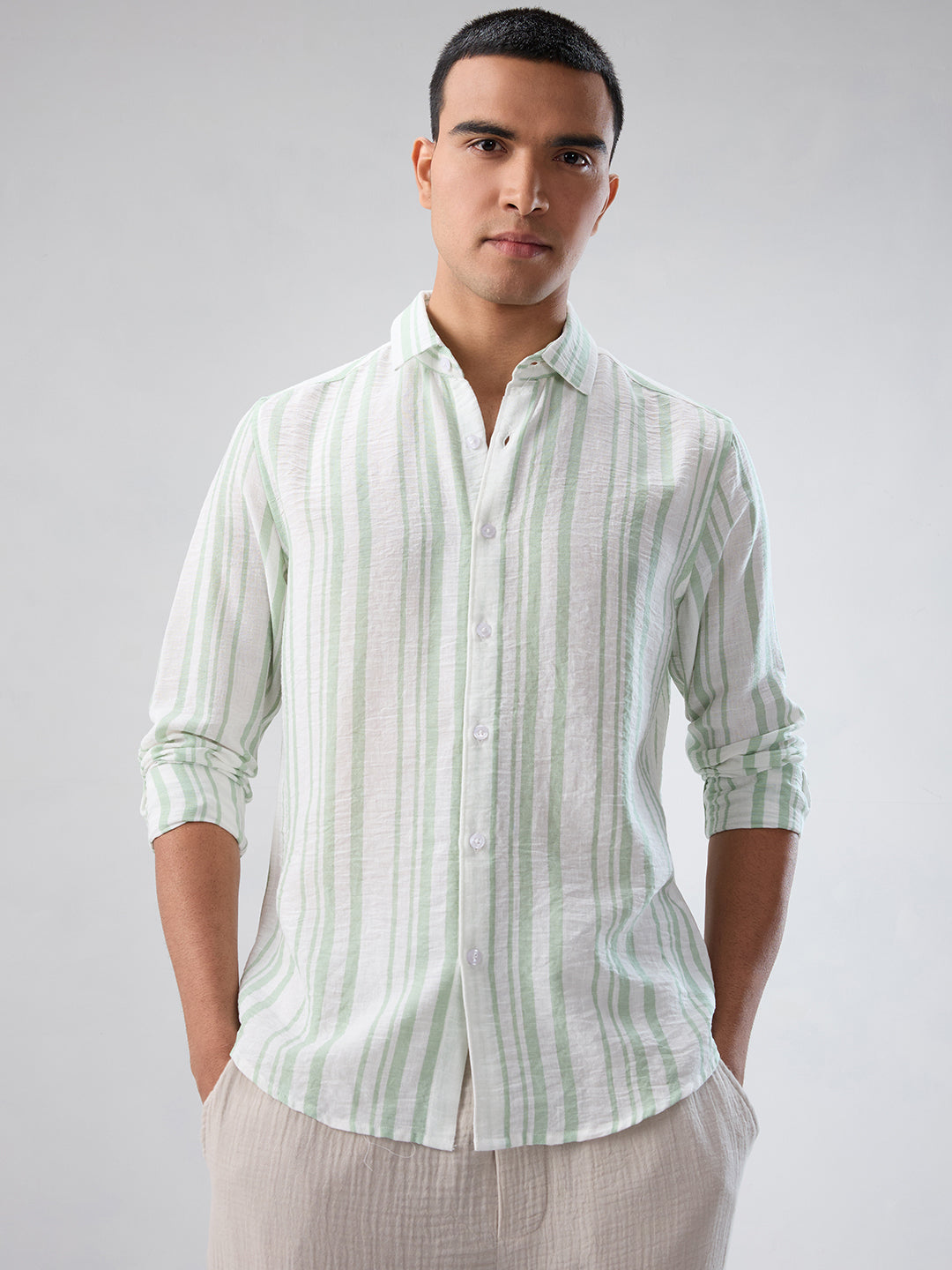 Mint Green & White Vertical Striped Shirt