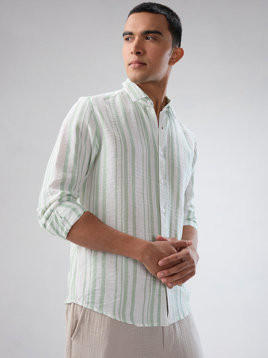 Mint Green & White Vertical Striped Shirt