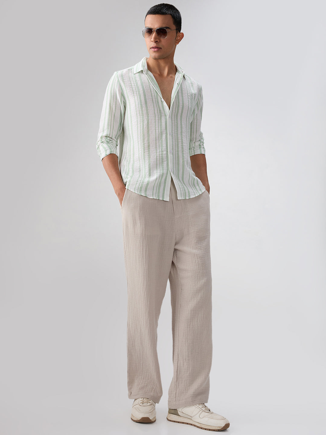 Mint Green & White Vertical Striped Shirt