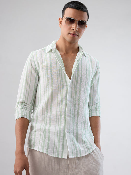 Mint Green & White Vertical Striped Shirt
