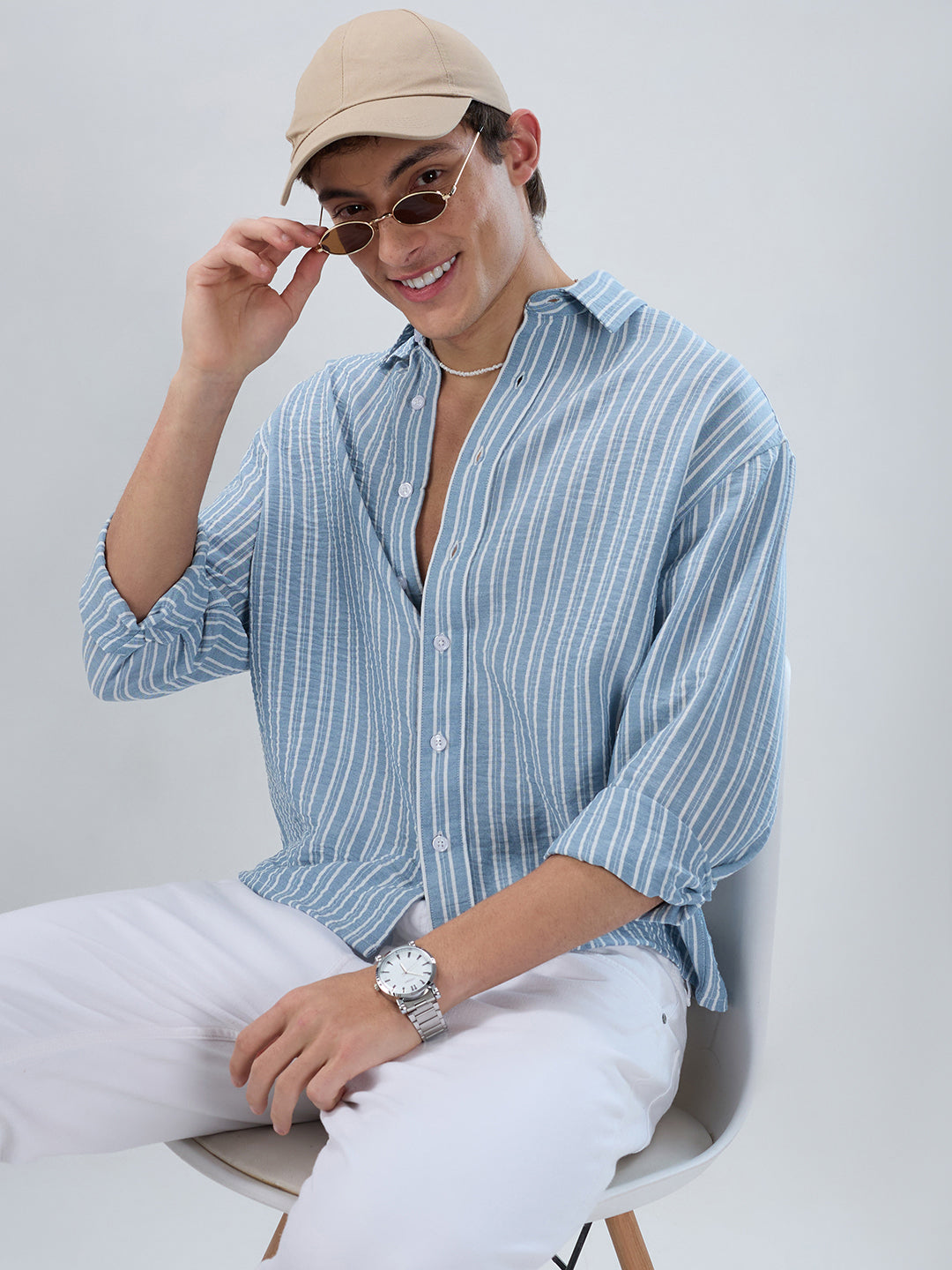 Slushy Dusty Blue Linear Striped Boxy Fit Crop Shirt