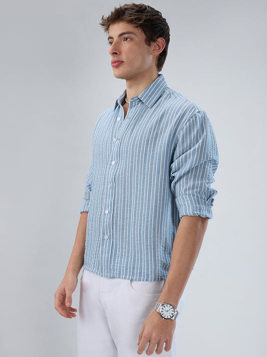 Slushy Dusty Blue Linear Striped Boxy Fit Crop Shirt