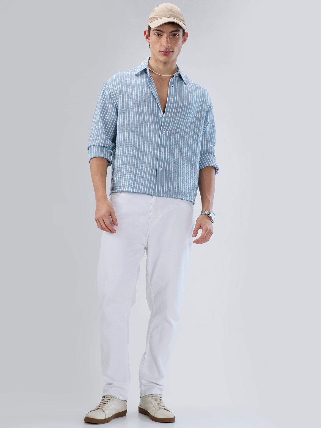 Slushy Dusty Blue Linear Striped Boxy Fit Crop Shirt