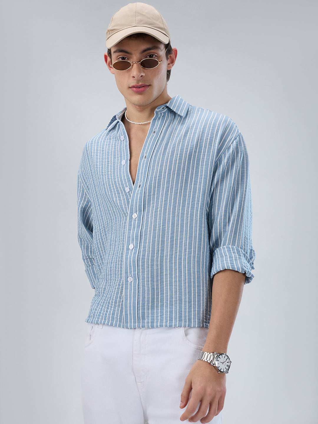 Slushy Dusty Blue Linear Striped Boxy Fit Crop Shirt