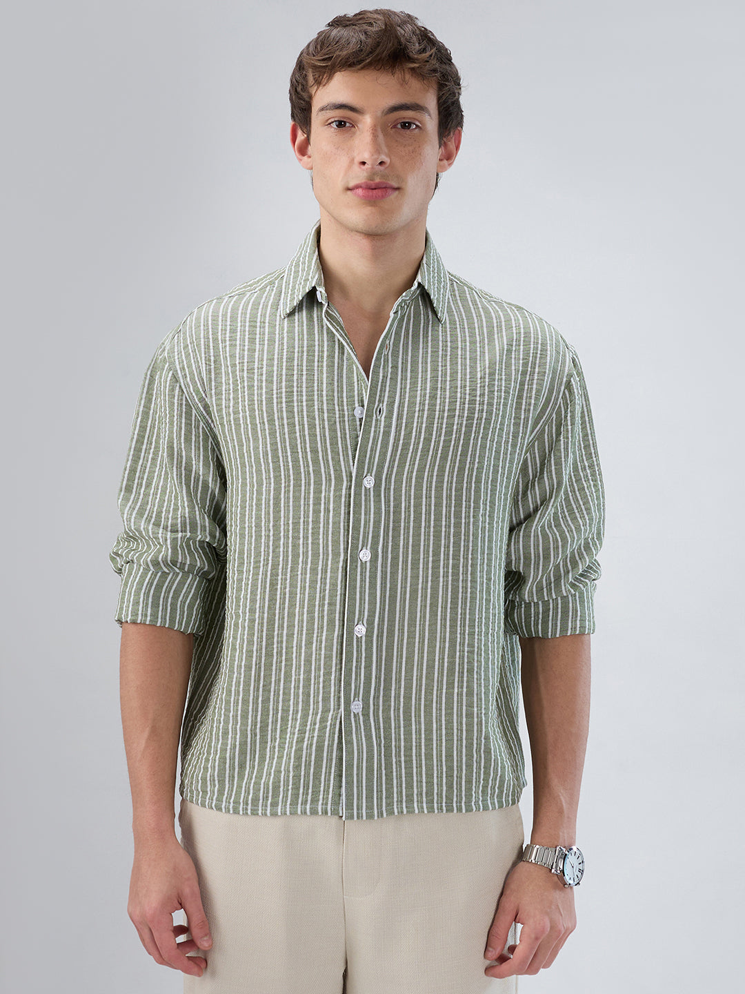 Moss Green Linear Striped Lightweight Crinkled Boxy Fit Crop Shirt