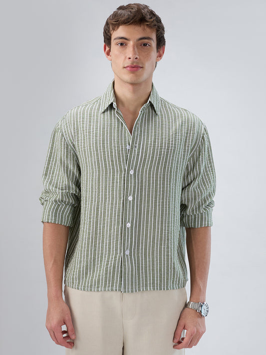 Moss Green Linear Striped Lightweight Crinkled Boxy Fit Crop Shirt