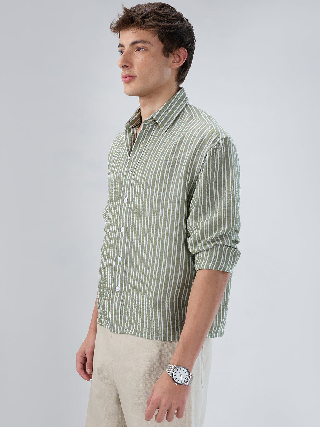 Moss Green Linear Striped Lightweight Crinkled Boxy Fit Crop Shirt