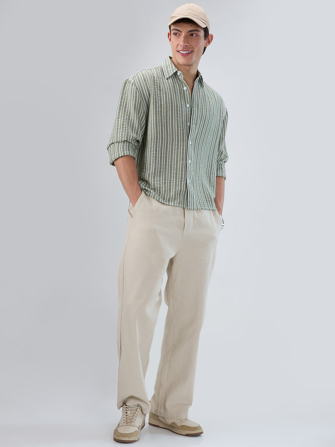 Moss Green Linear Striped Lightweight Crinkled Boxy Fit Crop Shirt