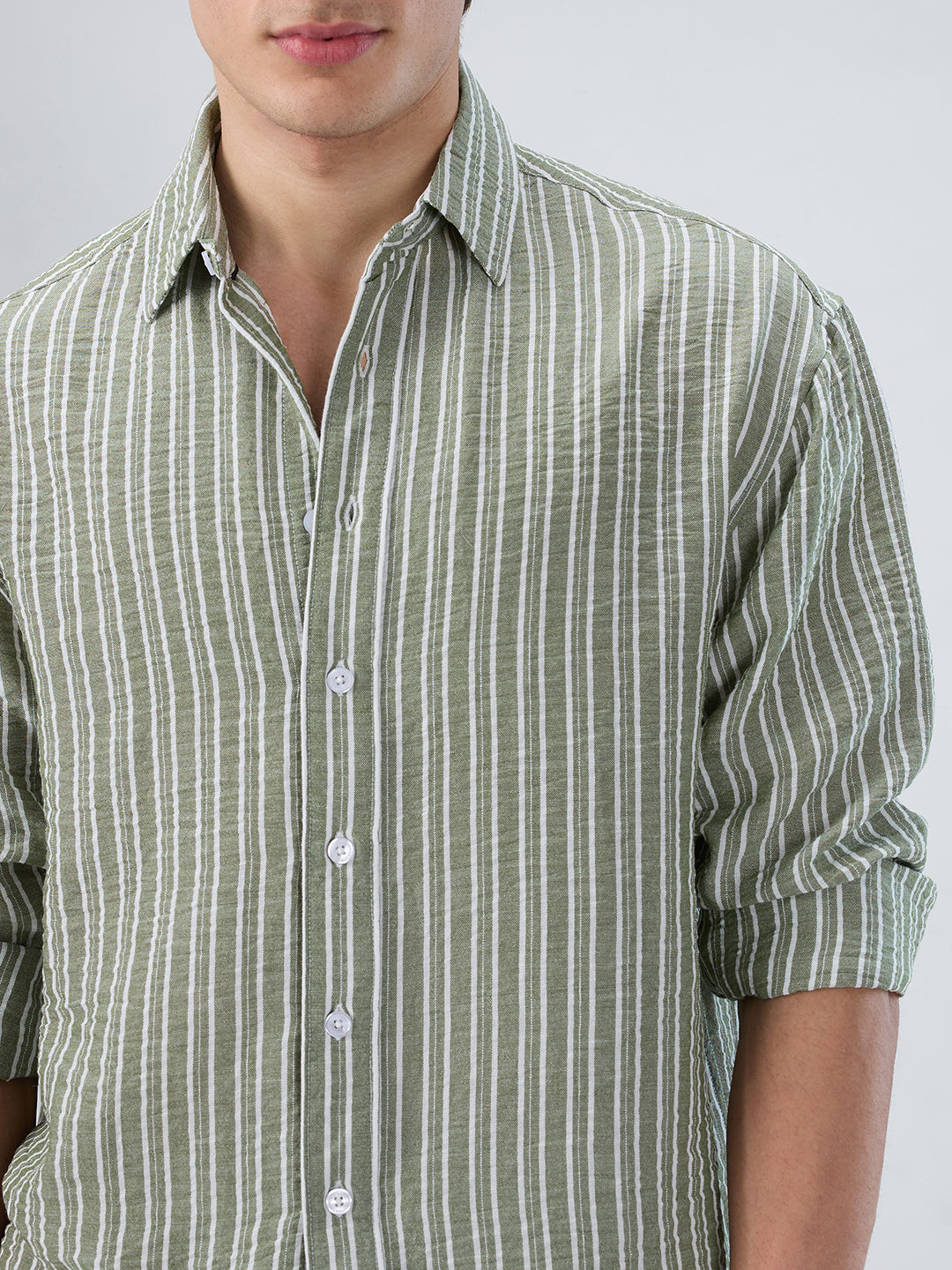 Moss Green Linear Striped Lightweight Crinkled Boxy Fit Crop Shirt
