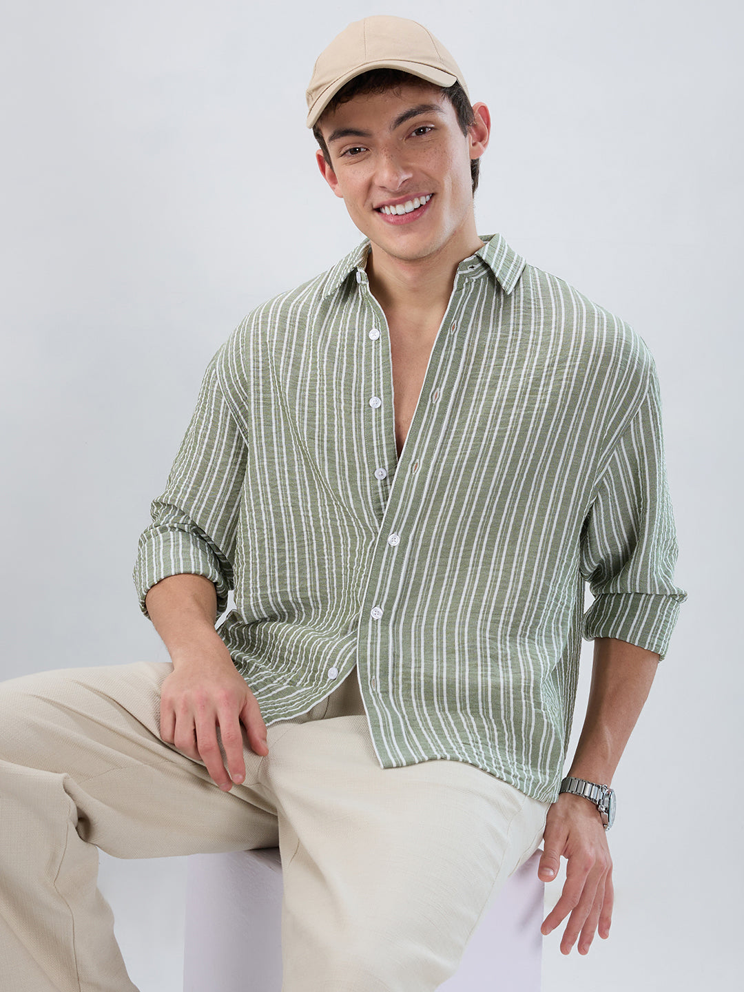 Moss Green Linear Striped Lightweight Crinkled Boxy Fit Crop Shirt