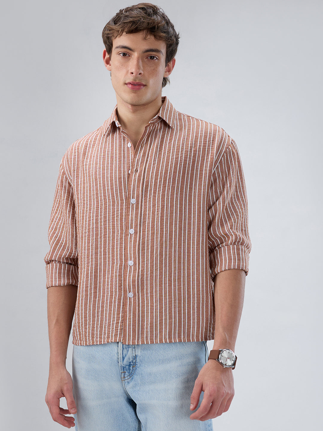 Russet Brown Striped Crinkled Boxy-Fit Crop Shirt