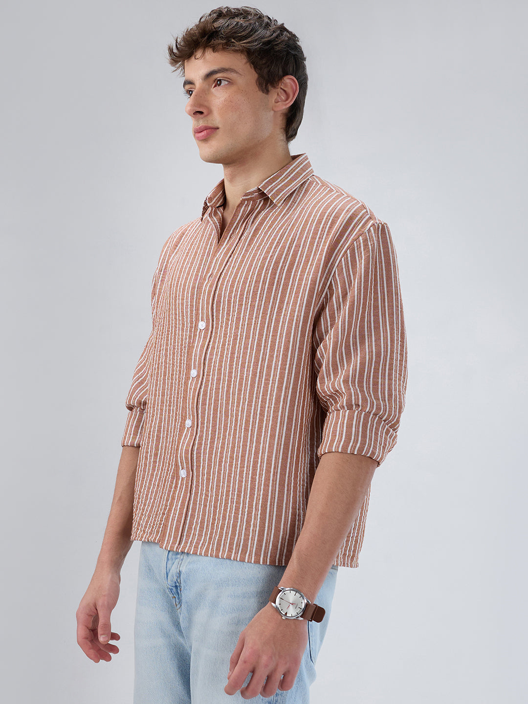 Russet Brown Striped Crinkled Boxy-Fit Crop Shirt