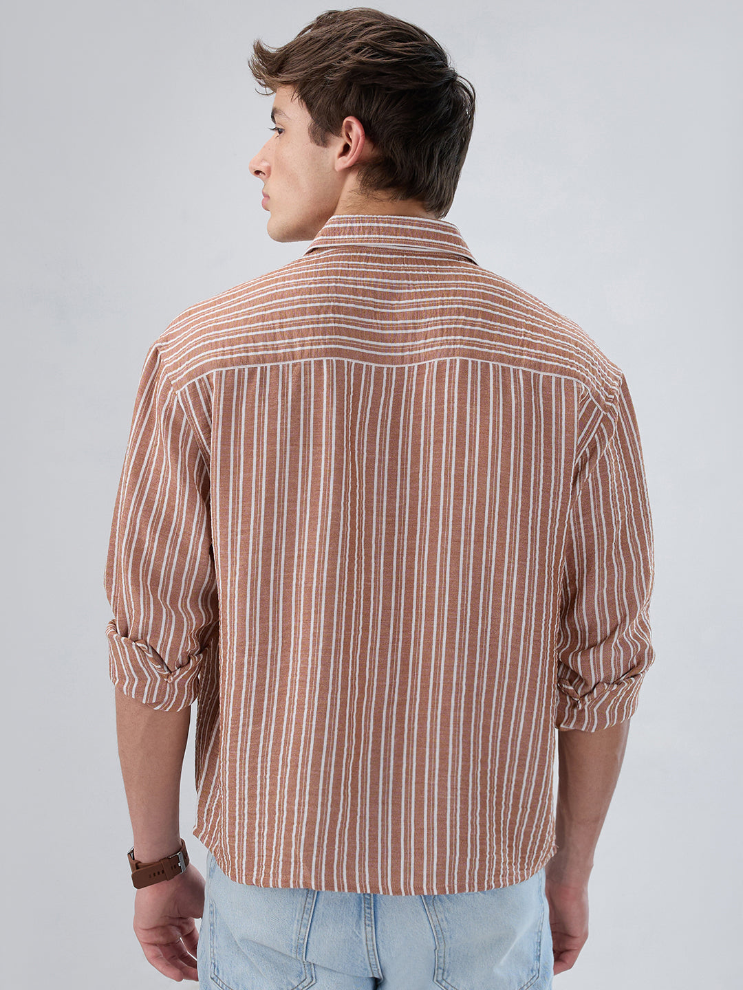 Russet Brown Striped Crinkled Boxy-Fit Crop Shirt