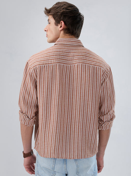 Russet Brown Striped Crinkled Boxy-Fit Crop Shirt
