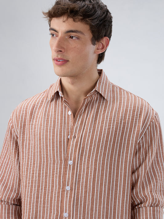 Russet Brown Striped Crinkled Boxy-Fit Crop Shirt
