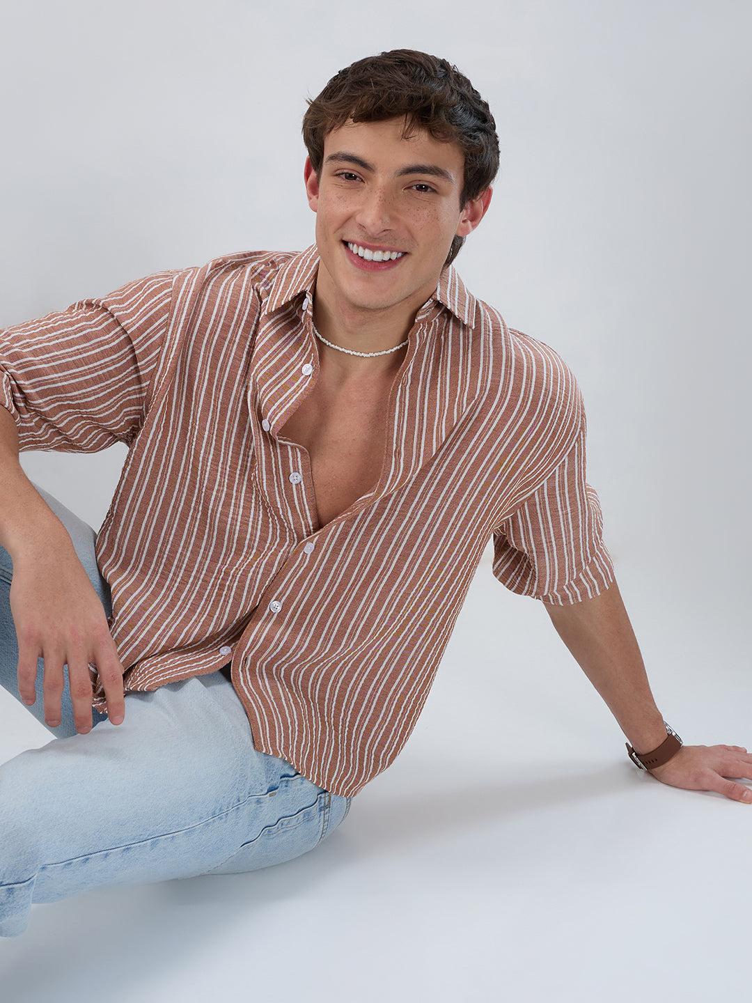 Russet Brown Striped Crinkled Boxy-Fit Crop Shirt