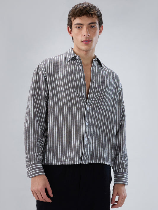 Monochrome Striped Crinkled Boxy-Fit Crop Shirt