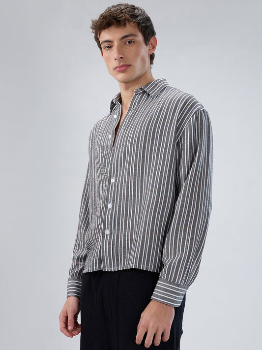 Monochrome Striped Crinkled Boxy-Fit Crop Shirt