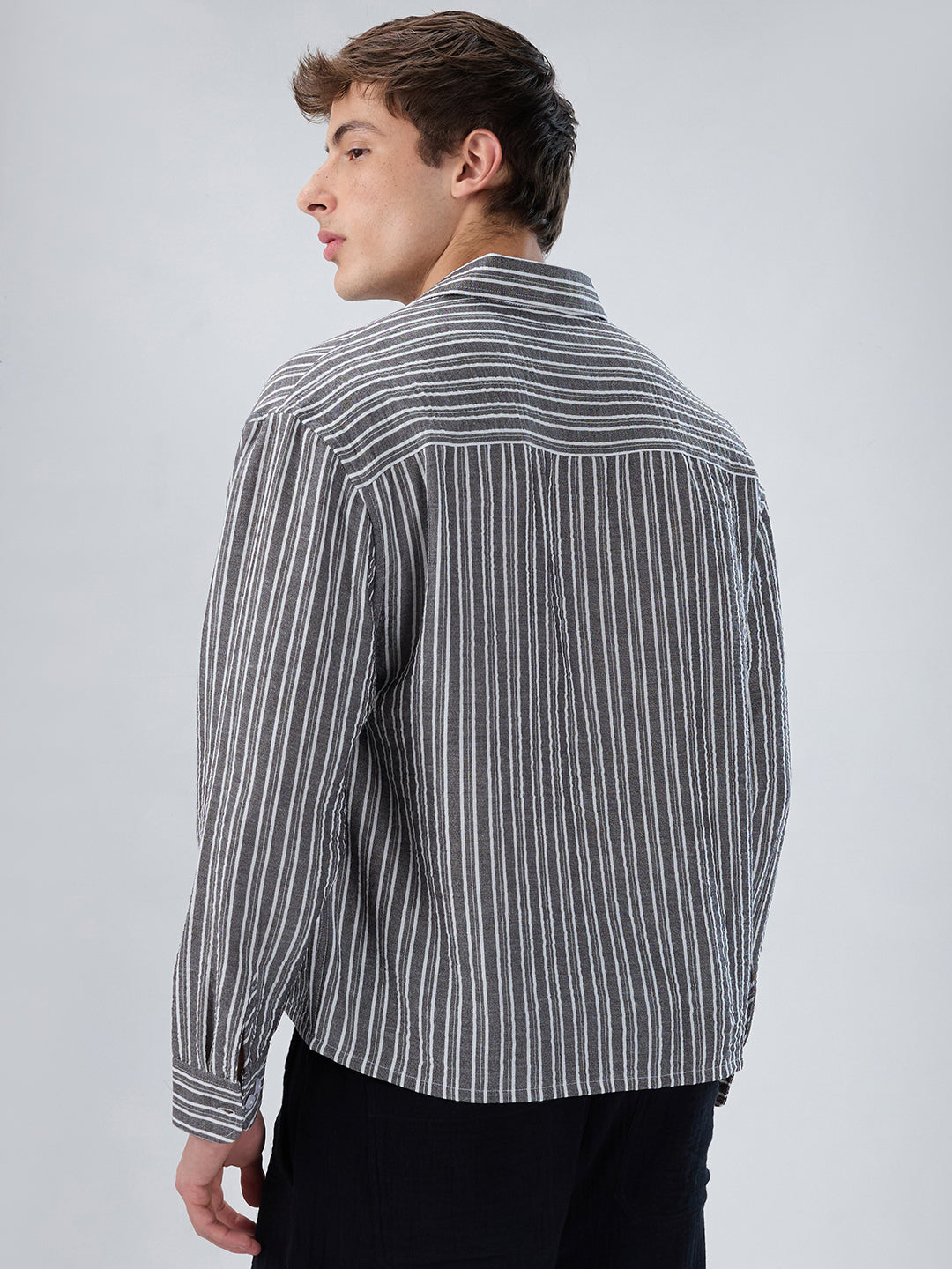 Monochrome Striped Crinkled Boxy-Fit Crop Shirt