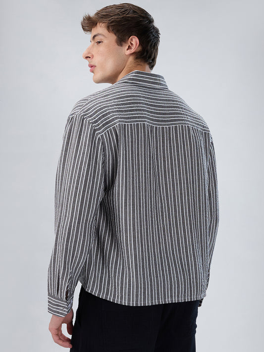Monochrome Striped Crinkled Boxy-Fit Crop Shirt