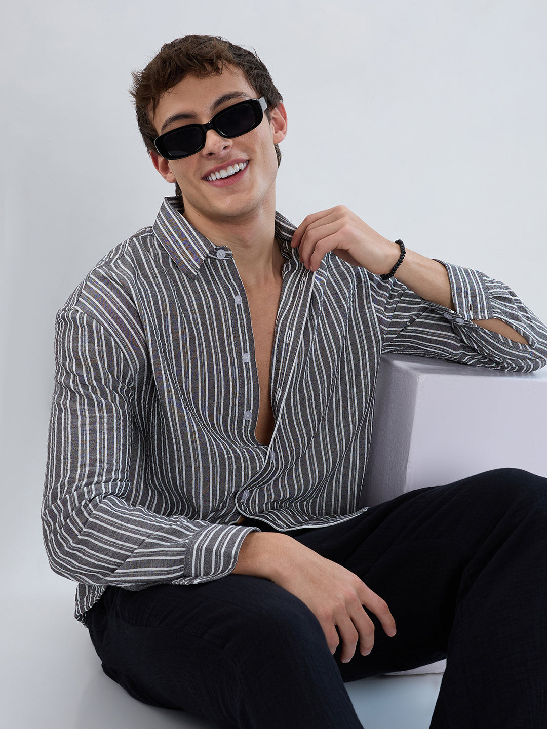 Monochrome Striped Crinkled Boxy-Fit Crop Shirt