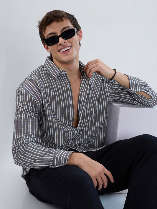 Monochrome Striped Crinkled Boxy-Fit Crop Shirt
