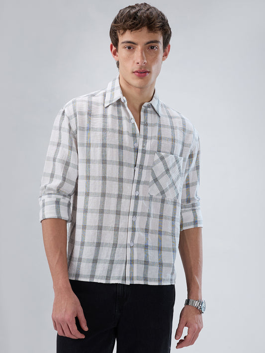 White & Olive Tartan Checkered Boxy Fit Crop Shirt