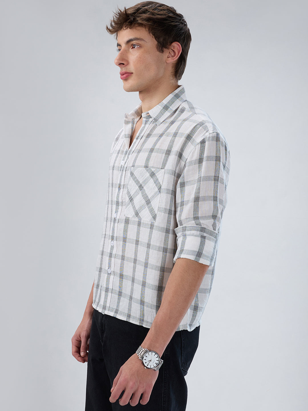 White & Olive Tartan Checkered Boxy Fit Crop Shirt