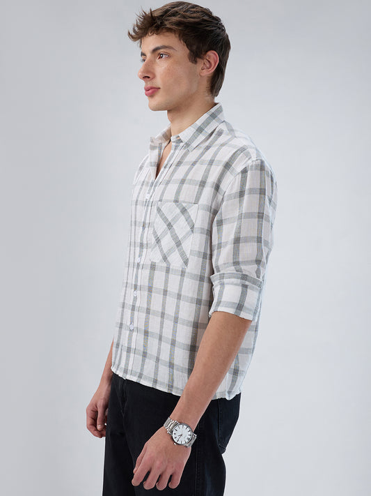 White & Olive Tartan Checkered Boxy Fit Crop Shirt