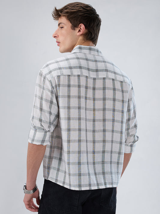 White & Olive Tartan Checkered Boxy Fit Crop Shirt