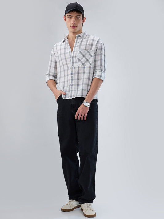 White & Olive Tartan Checkered Boxy Fit Crop Shirt