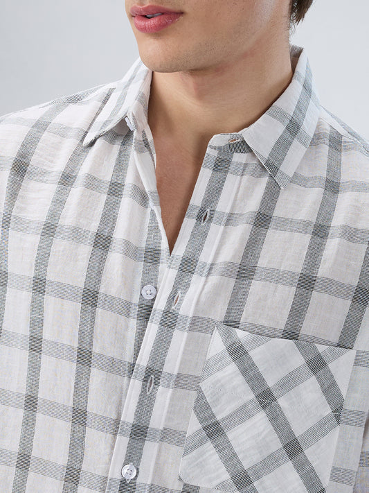 White & Olive Tartan Checkered Boxy Fit Crop Shirt