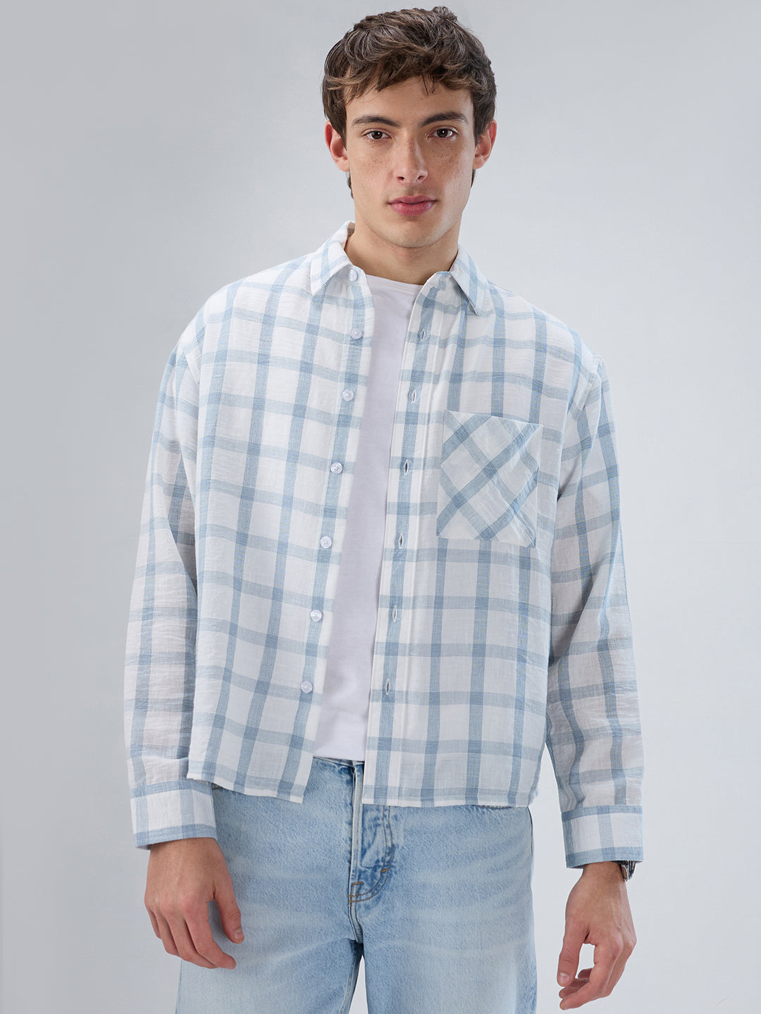 Blue & White Tartan Checkered Boxy Fit Crop Shirt