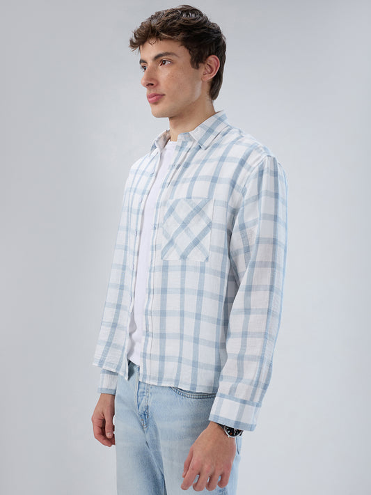 Blue & White Tartan Checkered Boxy Fit Crop Shirt