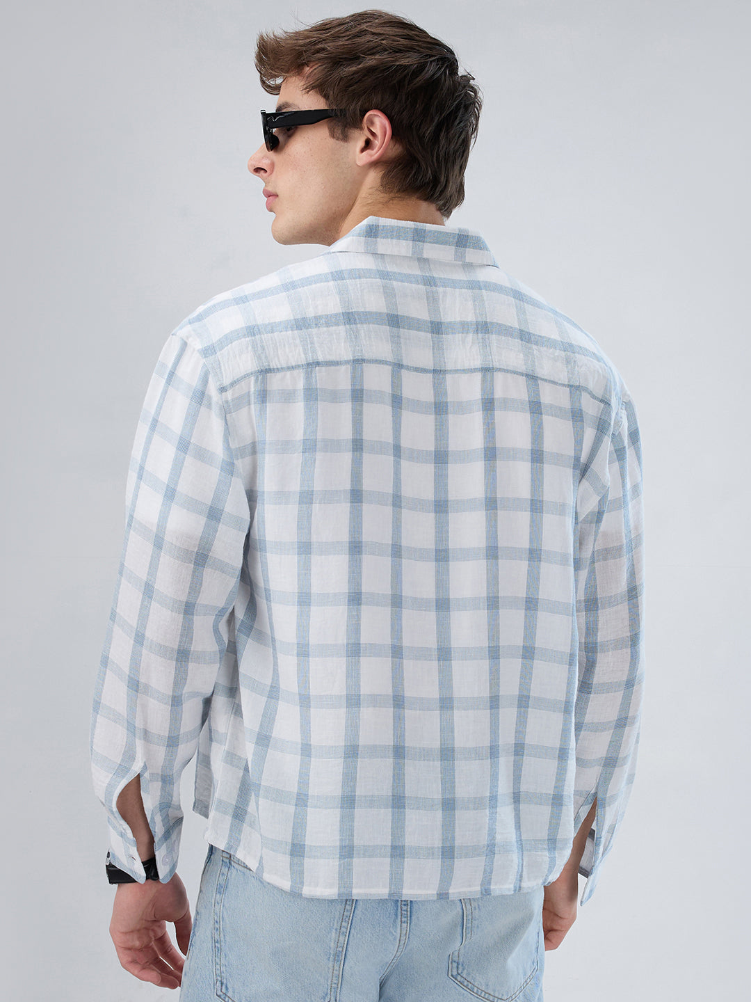 Blue & White Tartan Checkered Boxy Fit Crop Shirt