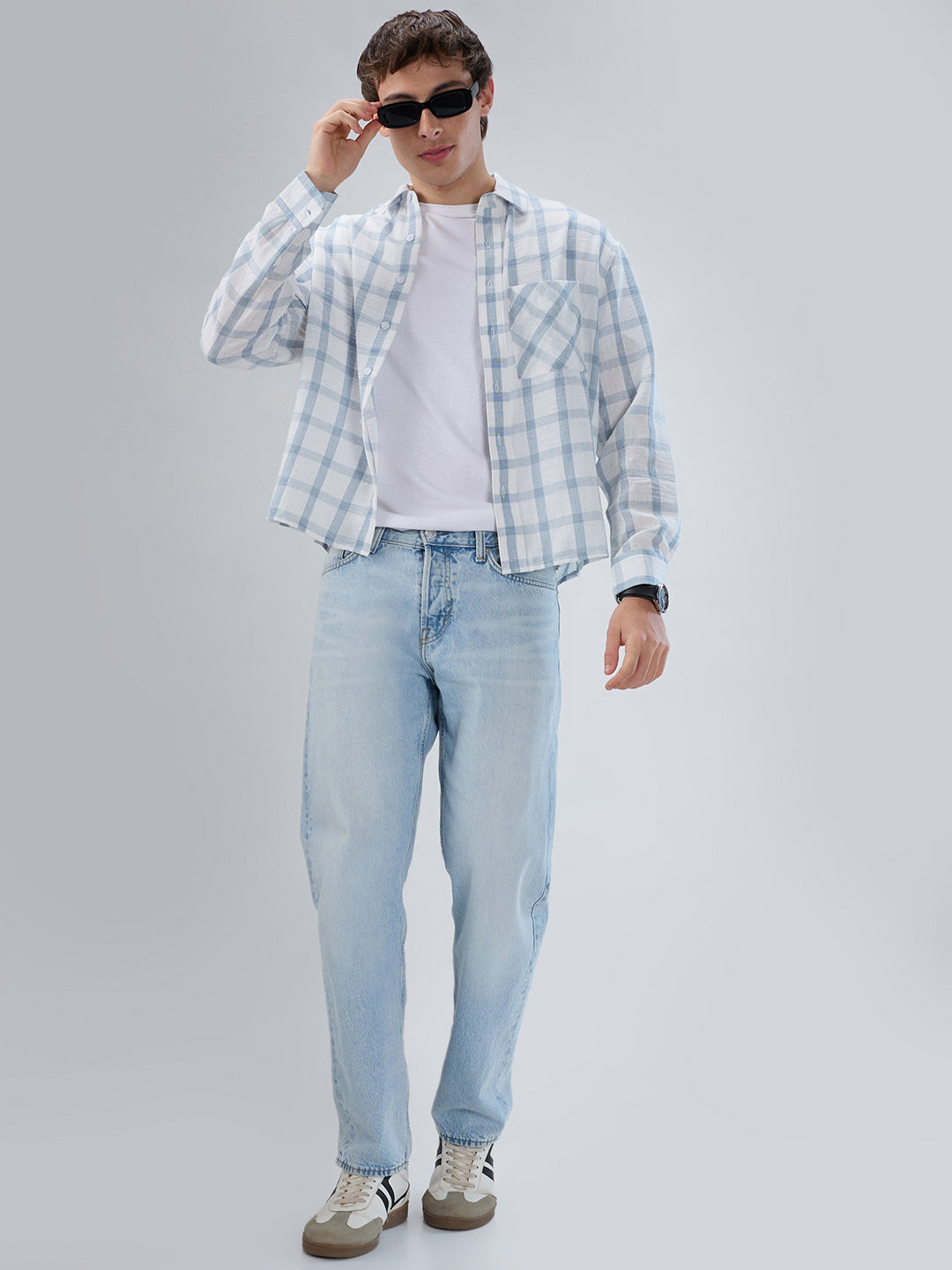 Blue & White Tartan Checkered Boxy Fit Crop Shirt