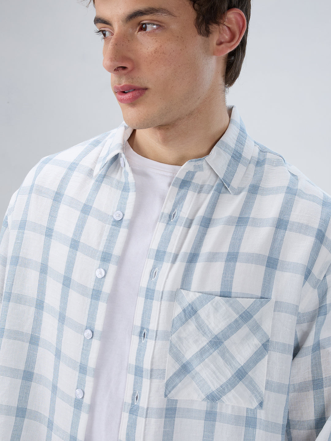 Blue & White Tartan Checkered Boxy Fit Crop Shirt