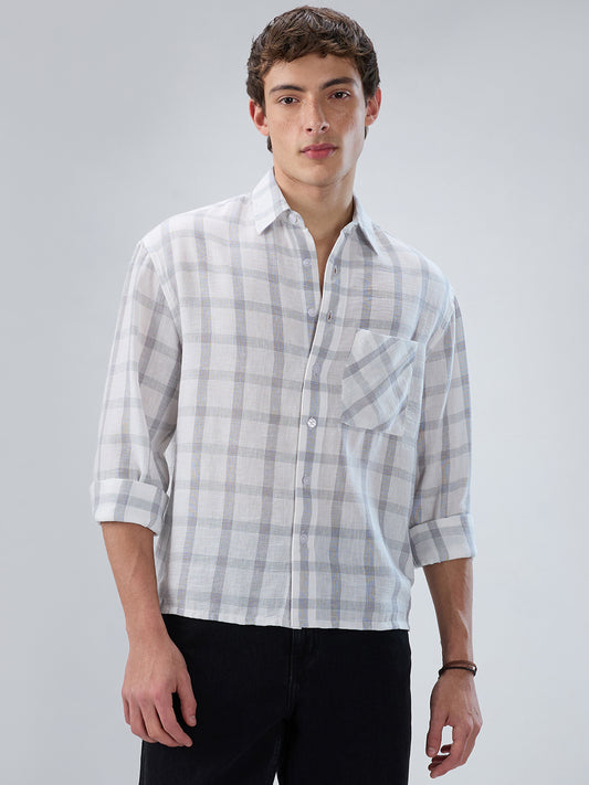 Stone Grey Checks  Fine-Weave Boxy Fit Crop Shirt