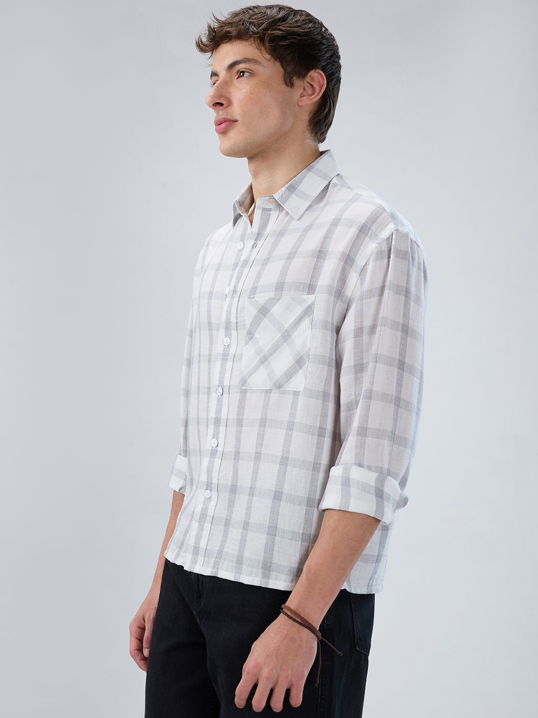 Stone Grey Checks  Fine-Weave Boxy Fit Crop Shirt