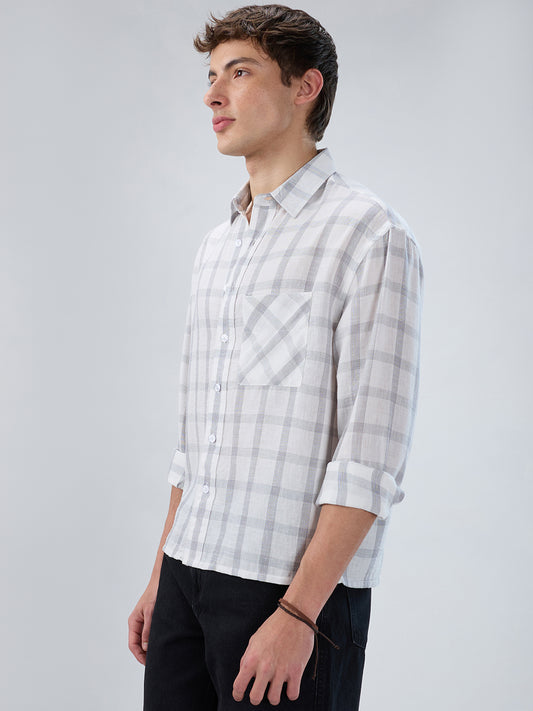 Stone Grey Checks  Fine-Weave Boxy Fit Crop Shirt