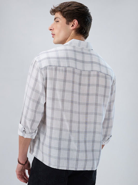 Stone Grey Checks  Fine-Weave Boxy Fit Crop Shirt
