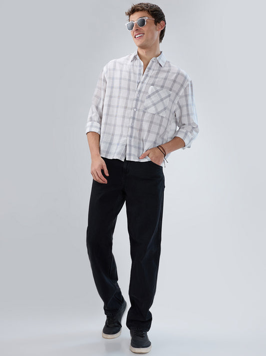 Stone Grey Checks  Fine-Weave Boxy Fit Crop Shirt