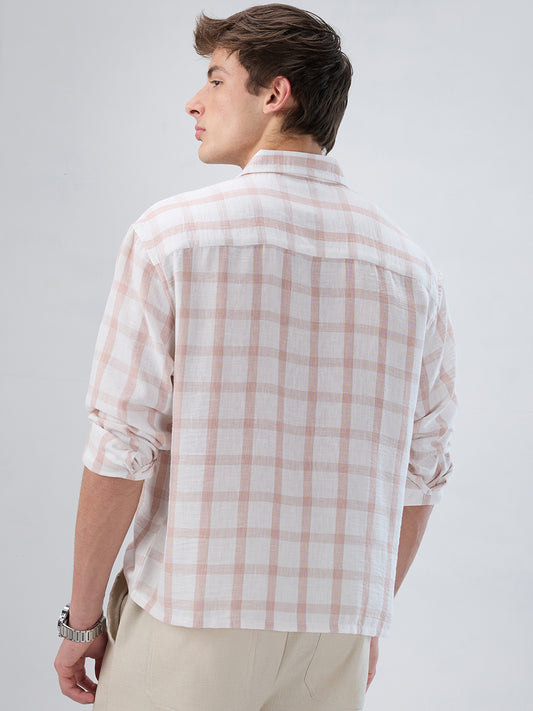 Blush Pink Box Checks Boxy Fit Crop Shirt