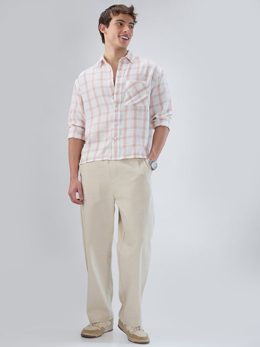 Blush Pink Box Checks Boxy Fit Crop Shirt