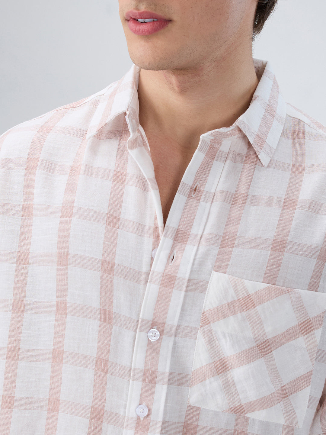 Blush Pink Box Checks Boxy Fit Crop Shirt