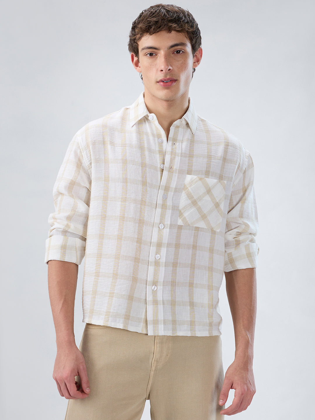 Warm Beige Checks Fine-Weave Boxy Fit Crop Shirt