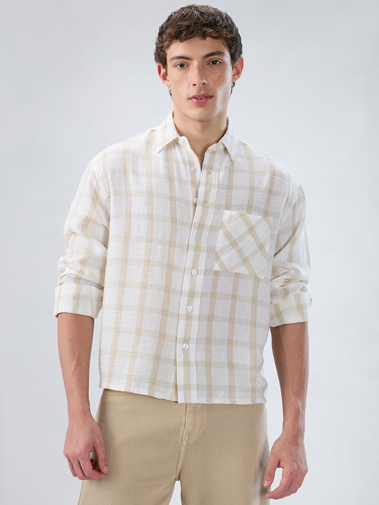 Warm Beige Checks Fine-Weave Boxy Fit Crop Shirt