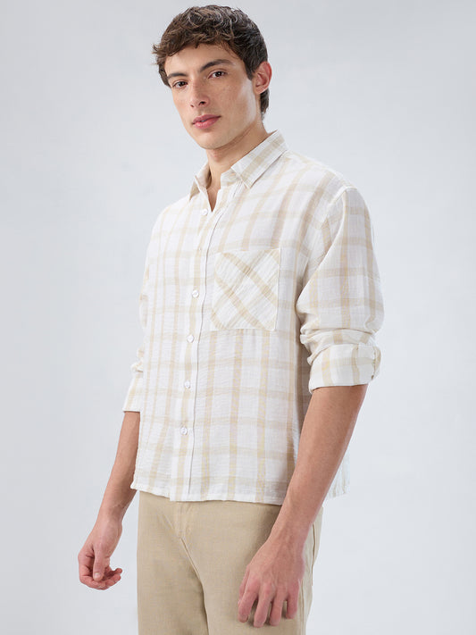 Warm Beige Checks Fine-Weave Boxy Fit Crop Shirt