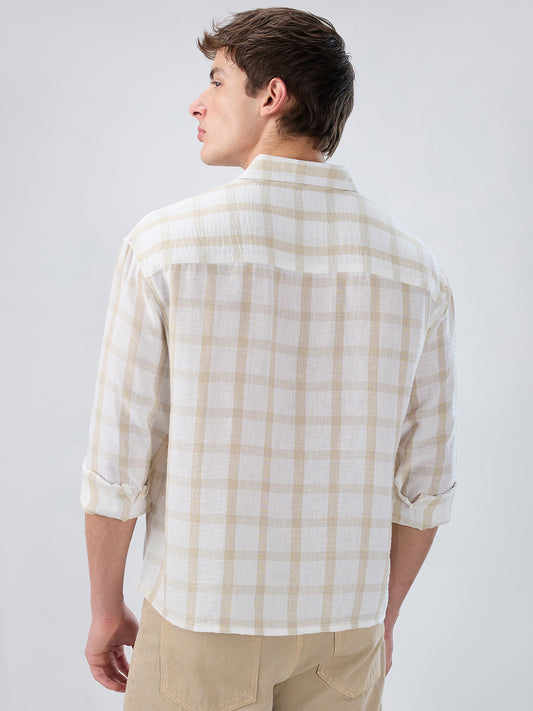 Warm Beige Checks Fine-Weave Boxy Fit Crop Shirt
